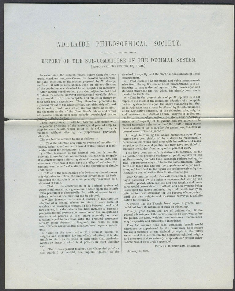 Item #25892 Report of the Sub-committee on the Decimal System (appointed September 13, 1859). Adelaide Philosophical Society.