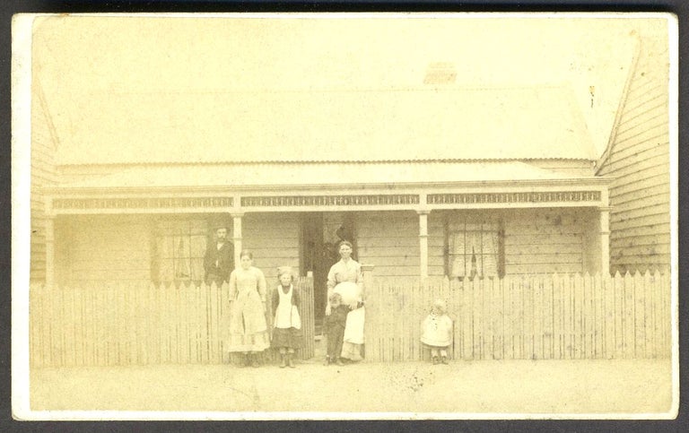 Item #25909 Carte-de-visite of Australian family in front of their home in Victoria. Wall Australian Photo. Co., Proprietors Co.