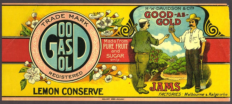 Item #25914 Good as Gold Jams - Lemon conserve, label. H W. Davidson, Co's.