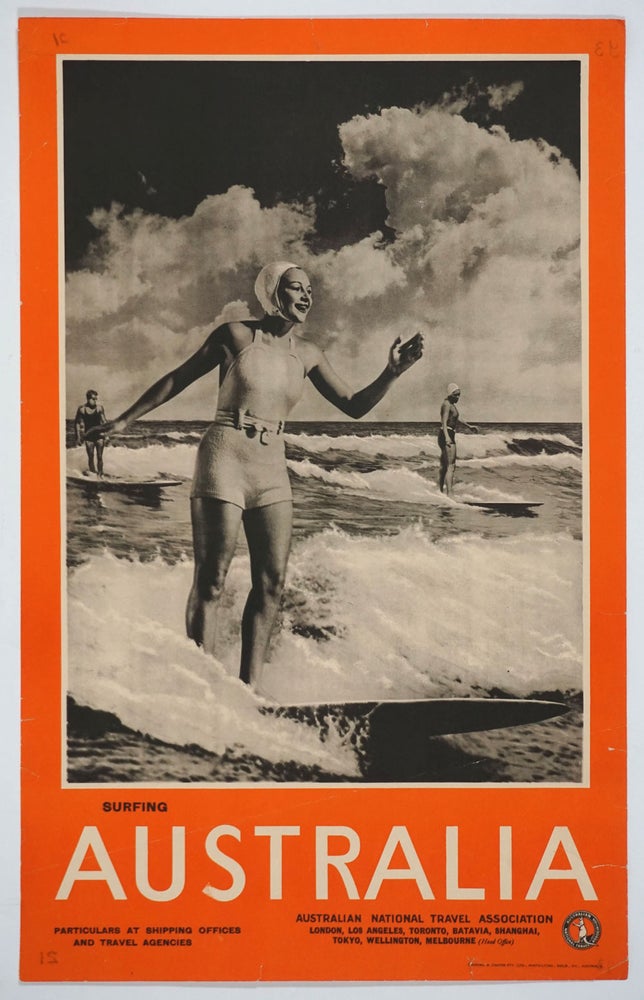 Item #25921 'Surfing Australia'. Photolithograph travel poster. Poster, Australia, Women, Surfing.