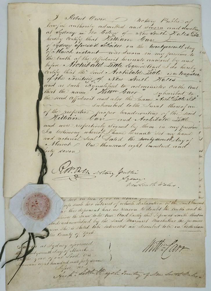 Item #25934 Early Scottish settlers in N.S.W.: land transfer of Duncan & Margaret MacKellar to Charles McLachlan. Legal documents. New South Wales, Scotland, Duncan MacKellar, Margaret, Charles McLachlan.
