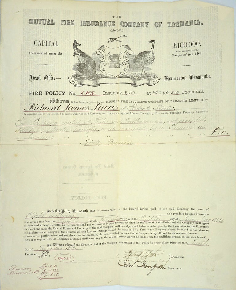Item #25936 Mutual Fire Insurance Co. of Tasmania. Fire policy made out to Richard James Lucas of Hobart. Tasmania, Richard James Lucas.