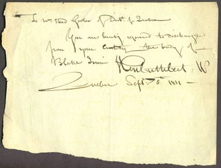 Item #25969 Quebec manuscript medical order to discharge body of Blake Irwin. M. P. Hon. Cuthbert
