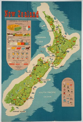 Item #26098 New Zealand, General Statistics. Folding Brochure with color map one side. R. E. Owen