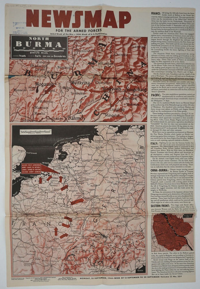 Item #26117 WWII Newsmap for the Armed Forces. Mindanao Philippines; Burma, France, Western Pacific, Palau Islands, and Morotai. WWII, Map.