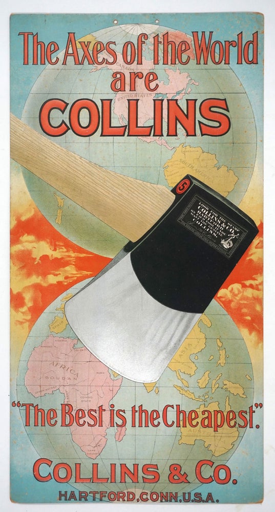 Item #26131 "The Axes of the World are Collins". Hanging advertising plaque. Advertising, World Map.