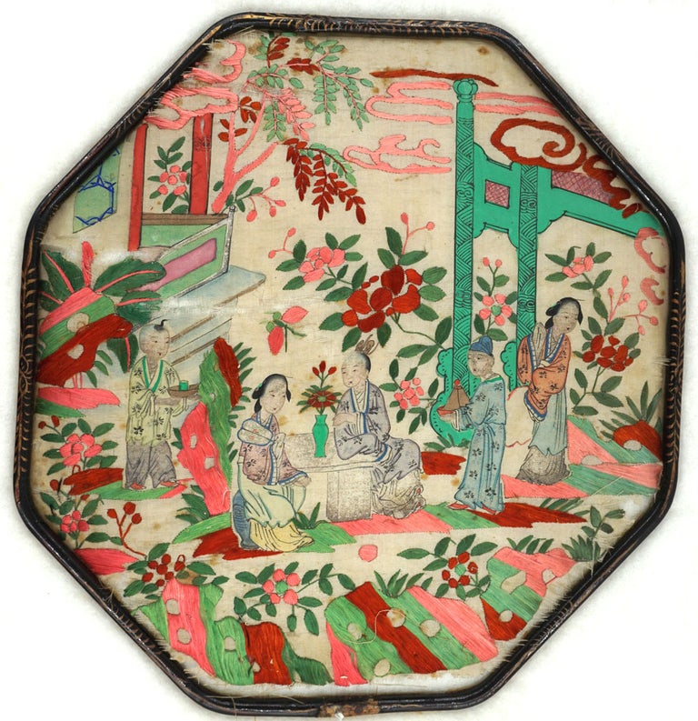 Item #26146 Antique 19th century Chinese embroidered silk fan with Tea drinking image.