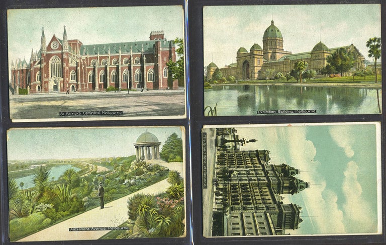 Item #26147 Melbourne Town Hall and an image of the Exhibition Building, postcard celebrating Great White Fleet. 7 postcards. W. T. Pater.