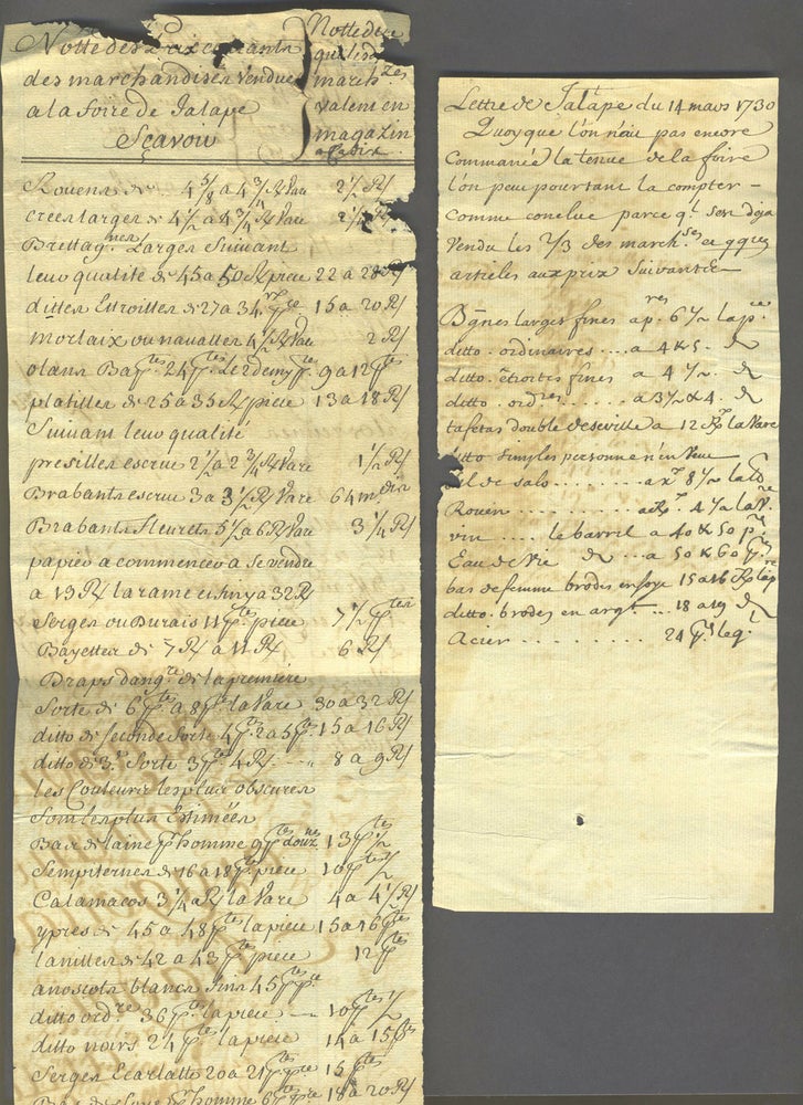 Item #26148 Prix Courant - Trading slips and Commodity price lists for goods traded between France and the Middle East, with merchandise from Europe, Latin & South America, India, Batavia, Turkey, Egypt, North Africa, Russia and the Carolinas. International Trade in the 18th century.