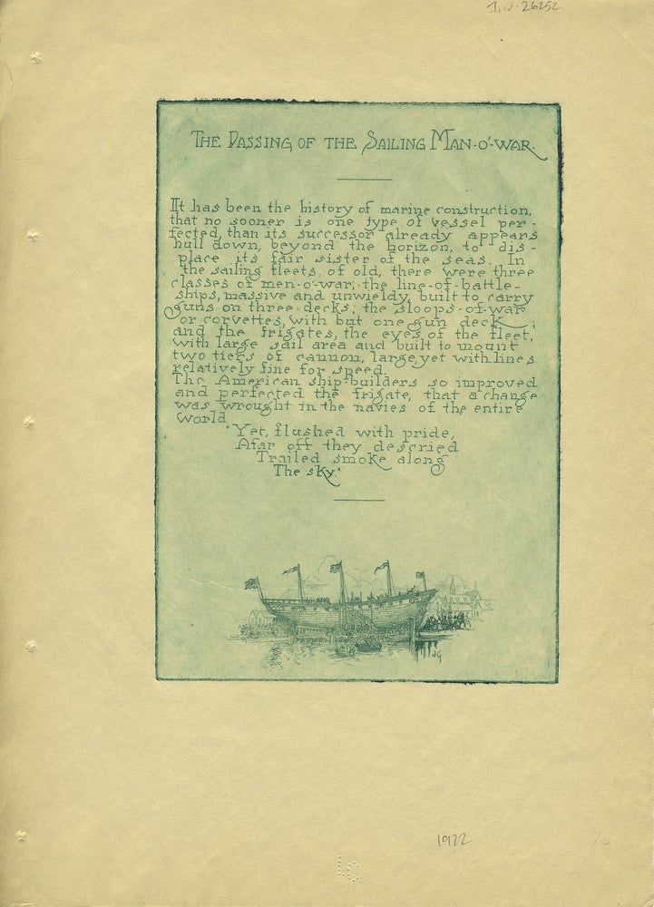 Item #26252 Etchings of Ships, including Winter Sailing; The Derelict; The Passing of the Sailing Man-O'-War; The Portogee Packet. J. Duncan Gleason.