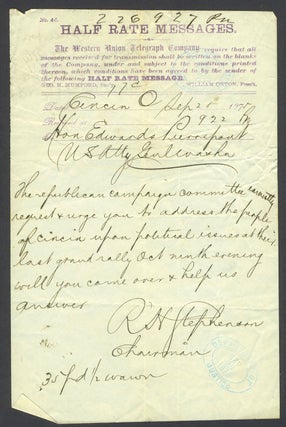 Item #26254 Telegram to Pierrepont from R.H. Stephenson, asking him to speak to the Republican...