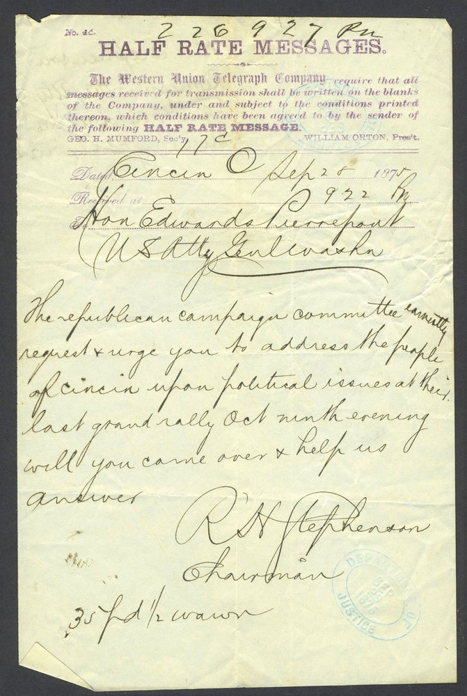 Item #26254 Telegram to Pierrepont from R.H. Stephenson, asking him to speak to the Republican Campaign Committee in Cincinnatti Ohio, Sept 28 1875. Edwards Pierrepont.