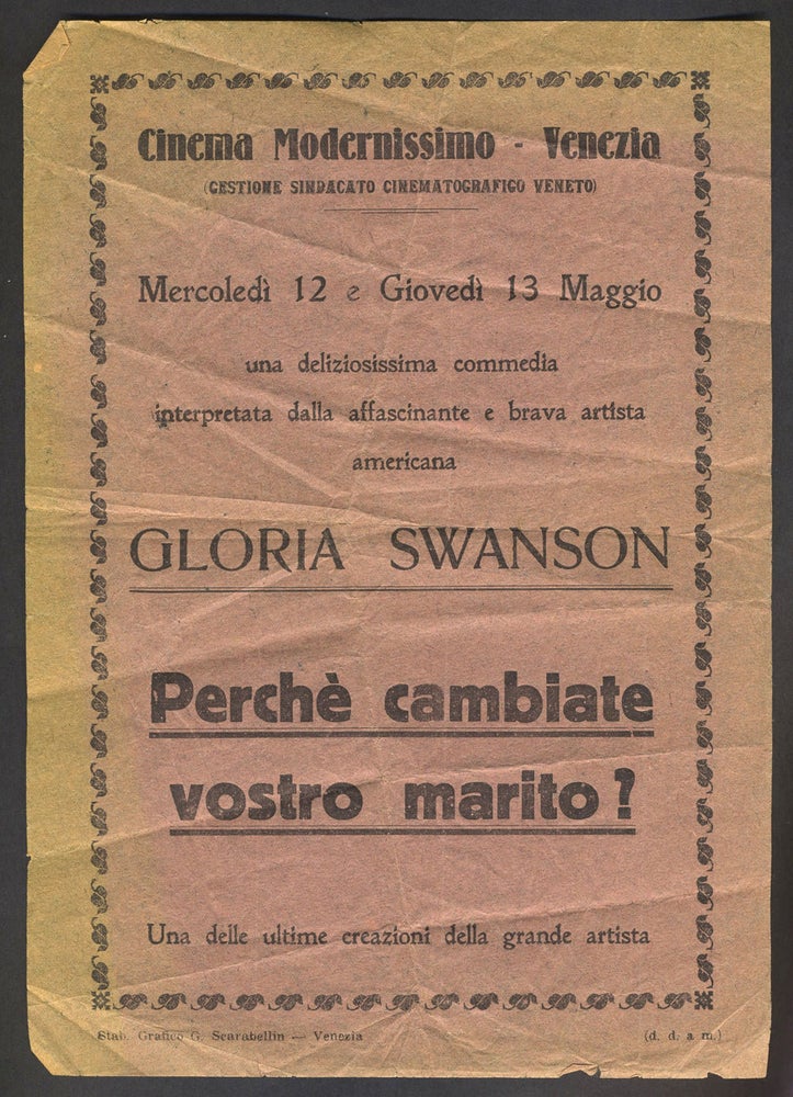 Item #26265 Gloria Swanson in "Perche Cambiate Vostro Marito?". A 1920 Italian movie hand bill.