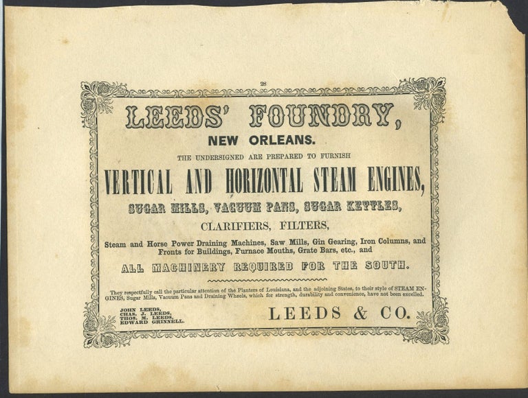 Item #26283 Vertical & Horizontal Steam Engines, Leeds' Foundry, New Orleans. Trade handbill.