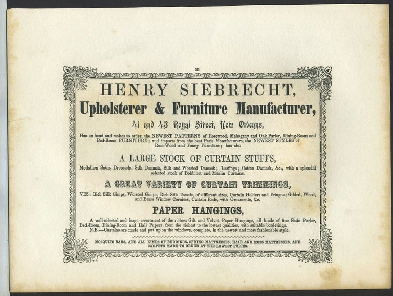 Item #26284 Upholsterer & Furniture Manufacturer, Henry Siebrecht, New Orleans. Trade handbill.