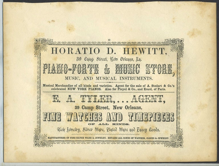 Item #26288 Piano Forte & Music Store, Horatio D. Hewitt, & Fine Watchmaker E. A. Tyler, New Orleans. Trade handbill.