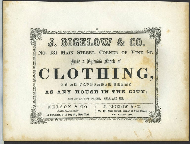 Item #26293 Splendid Stock of Clothing, J. Bigelow & Co., New York & St. Louis. Trade handbill.