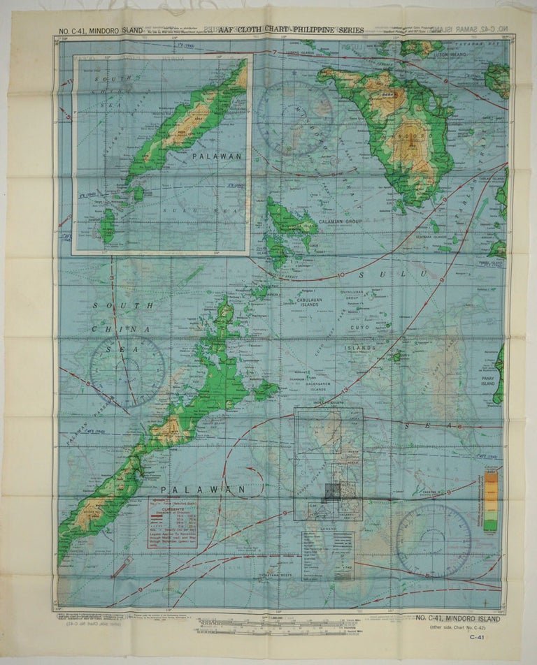 Item #26311 WWII US Army Air Force silk map, Philippine Series, No. C-41, Mindoro; No. C-42, Samar Island. Maps.