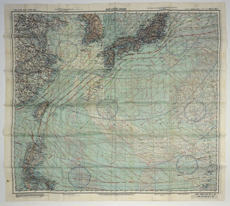 Item #26318 US Army Air Force cloth map, No. C-52, Japan and South China; No. C-53, East China Sea, "AAF Cloth Chart" W W. I. I., China, Japan, Aviation.