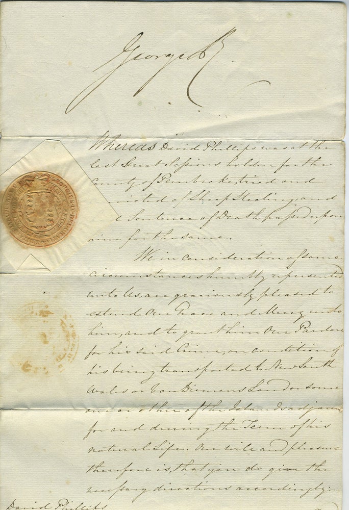 Item #26372 Transportation to Australia King George IV DS 1828. Convict transportation, Tasmania, David Phillip.