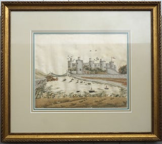Crewel and Silk Embroidered Landscape; Conway Castle, North Wales with the Suspension Bridge.