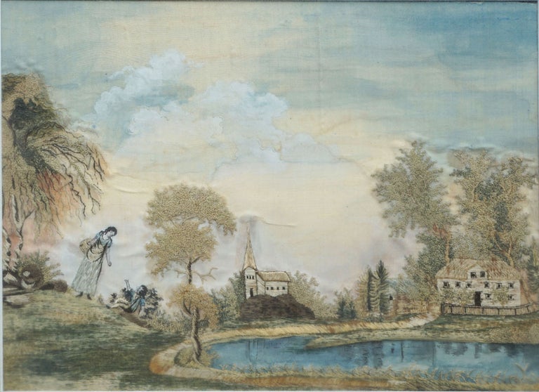 Item #26401 Silk & Watercolor Embroidered Landscape; A Woman and Child Playing by the Pastor's Pond. Women, Embroidery, Connecticut River Valley.