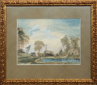 Silk & Watercolor Embroidered Landscape; A Woman and Child Playing by the Pastor's Pond.