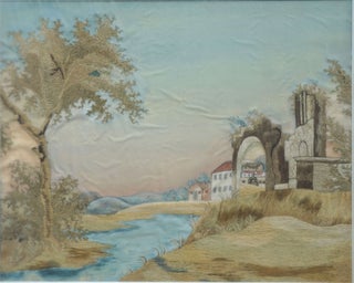 Item #26402 Silk & Watercolor Embroidered Landscape; Ancient Ruins and Farm Buildings at Dawn....
