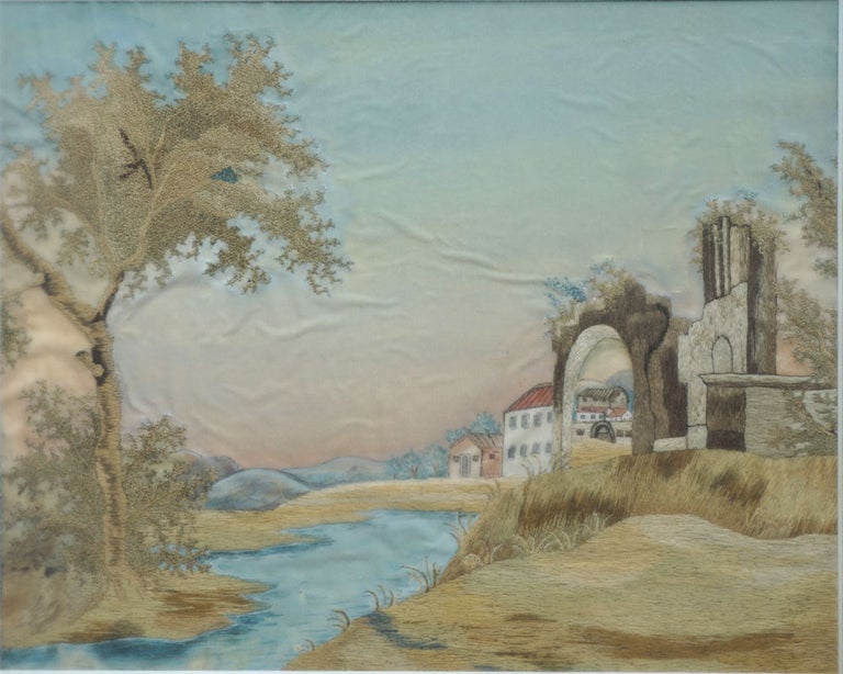 Item #26402 Silk & Watercolor Embroidered Landscape; Ancient Ruins and Farm Buildings at Dawn. Women, Embroidery, after Thomas Cole, Connecticut River Valley.