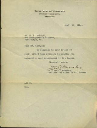 Item #26668 Herbert Hoover autograph and photograph. Presidents, Herbert Hoover