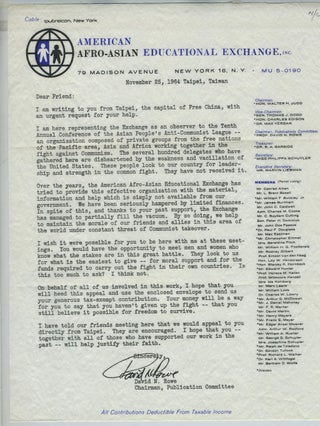 Item #26675 Anti-Communism letter from the American Afro-Asian Educational Exchange. David Nelson...