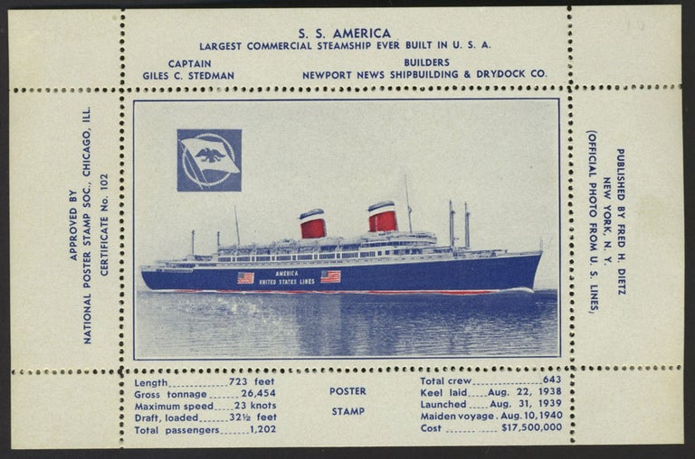 Item #26679 S.S. America. Poster Stamp. Poster Stamp, Women, Ships.