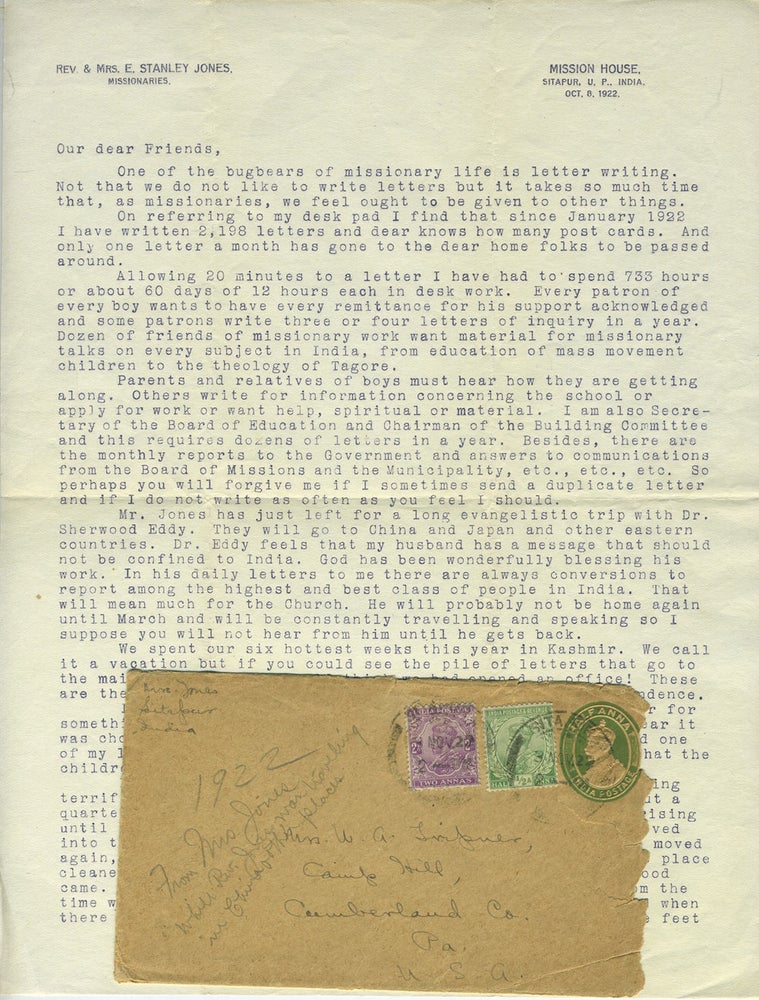 Item #26681 1922 letter from Mission House in Sitapur India to W.A. Tripner in Cumberland, PA. E. Stanley. Mabel Lossing Jones Jones.
