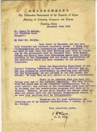 Item #26777 Signed typescript letter from H. H. Kung to architect Henry Murphy, regarding the...