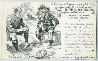 Item #26818 Britain v New Zealand / After the Game/The Lion - Phew!!! Postcard. E. Frederick...