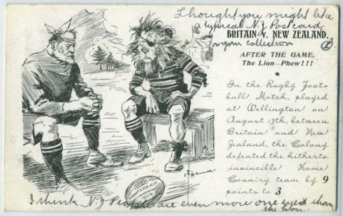 Item #26818 Britain v New Zealand / After the Game/The Lion - Phew!!! Postcard. E. Frederick Hiscocks, N. Z. Graphic Series.