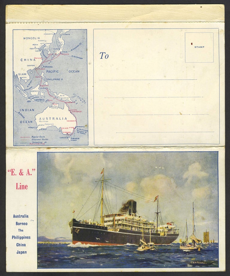Item #26823 Shipboard Chinese food menu for the E.& A. Line, two days after 1929 Stock Market Crash, postcard. Ships, Food.