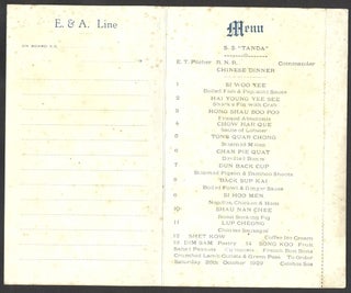 Shipboard Chinese food menu for the E.& A. Line, two days after 1929 Stock Market Crash, postcard.