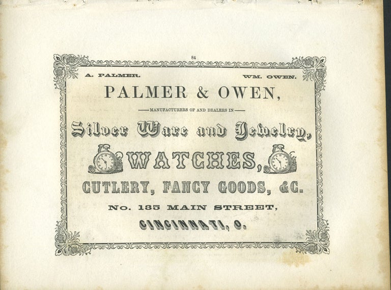 Item #26828 Palmer & Owen Silver Ware and Jewelry, Cincinnatti Ohio Advertising with Montmorency Canada print.