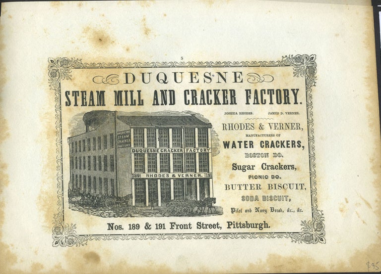 Item #26833 Duquesne Steam Mill and Cracker Factory, Rhodes & Verner advertising for Pittsburgh merchant with print of St. Sophia, Istanbul.