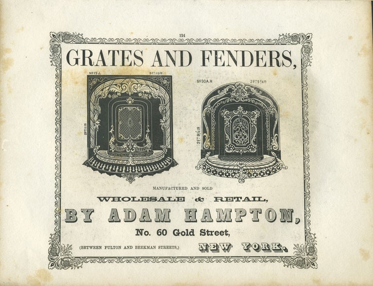 Item #26835 Hampton Grates and Fenders, advertisement for NYC merchant with "Mount Carmel" print.