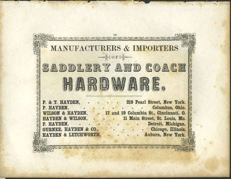 Item #26836 Saddlery and Coach Hardware for Hayden, Wilson Co of NY, Ohio, Missouri & Michigan with Lake George print.