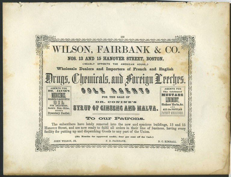 Item #26837 Wilson, Fairbank & Co., Boston pharamcists, importers of "foreign leeches" with Pizevache Cascade print.