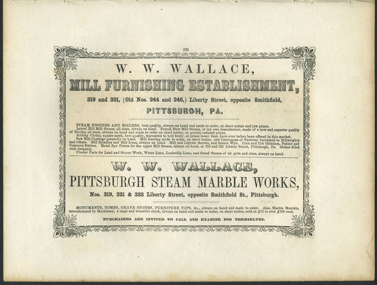 Item #26840 W.W. Wallace, Mill furnishing and marble works, Pittsburgh advertising with Niagara Falls print.