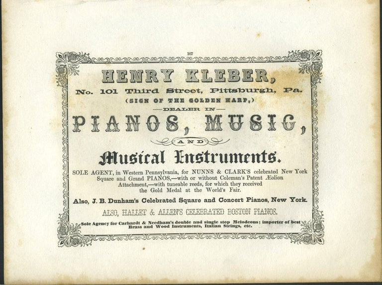Item #26849 Henry Kleber, Pianos, Music, Instruments Pittsburgh advertising with Constantinople from Above Scutari print.