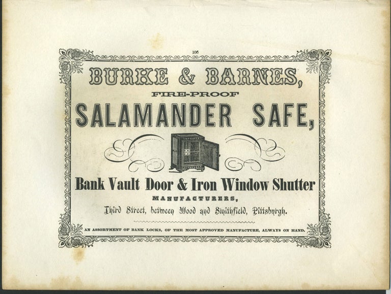 Item #26850 Burke & Barnes, fire-proof safe, Pittsburgh manufacturer advertising with Mount Jefferson print.