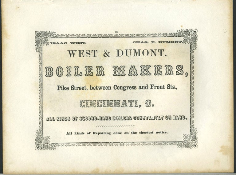 Item #26864 West & Dumont, Boiler Makers of Cincinnati, Ohio advertising with "Columbia Bridge" print.