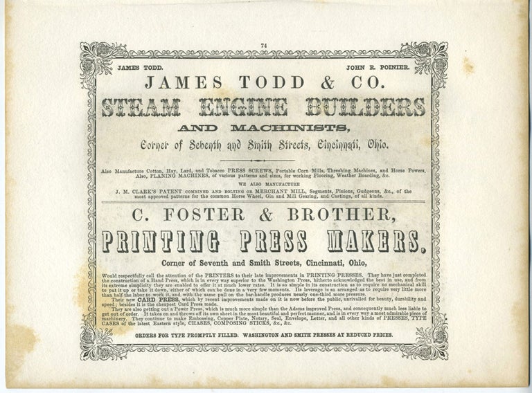 Item #26870 Steam Engine Builders and Printing Press Makers James Todd & Co and C. Foster & Brother Printing, Cincinnati, OH advertising with "New Brighton" (Canada) print.