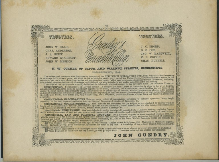 Item #26876 Gundry's Mercantile College, Cincinnati, OH advertising with "Niagara Falls from the Ferry" print.