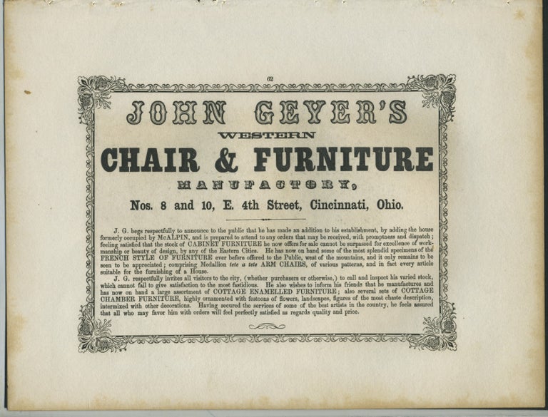 Item #26877 John Geyer's Western Chair & Furniture Manufactory Cincinnati, OH advertising with Fountain near the Asian Valley of Sweet Waters, on the Bosphorus print.